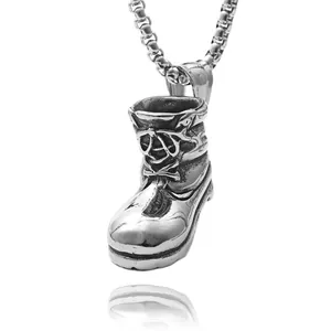Retro stainless steel hiking boot pendant necklace with durable box chain for men
