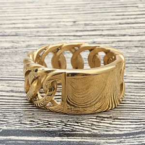 Vintage gold hollow chain ring in punk style with rectangular engraved signet and snake detail
