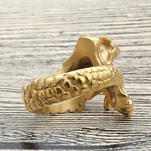 Retro golden titanium steel dragon ring with intricate scale textures and punk style design