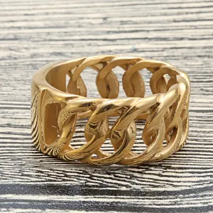 Polished gold hollow chain link ring made of titanium steel with a punk style design