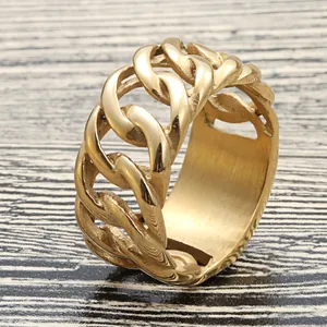 Polished gold hollow cuban link chain ring made of durable stainless steel for men