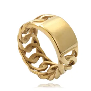 Men Retro 316 Titanium Steel Hollow Chain Ring Vintage Punk Gold Plated Stainless Steel Rectangular Flat Top Band Ring Jewelry