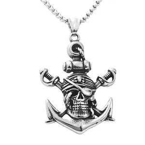 Punk Vintage Piraten Totenkopf Anker Anhänger mit gekreuzten Schwertern aus Edelstahl