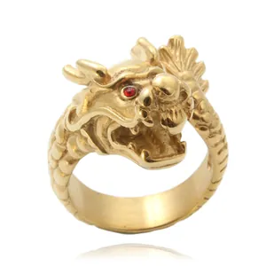 Retro punk titanium steel dragon ring with gold finish and red ruby stone eyes