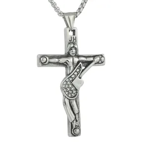 Vintage Stainless Steel Cross Guitar Figure Pendant Necklace With Rhinestones Individual Rock Hip Hop Silver Jewelry For Men