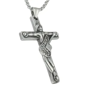 Stainless steel cross and guitar pendant necklace with crystals and box chain