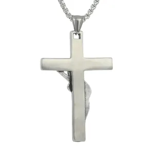 Vintage stainless steel cross pendant with Jesus relief on a silver box chain necklace
