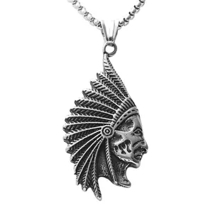 Collana da uomo con ciondolo capo indiano retrò in acciaio inossidabile nero