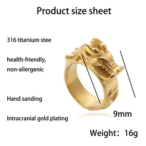 Vintage drakenkop ring van 316L titanium staal voor heren met punk stijl goud design