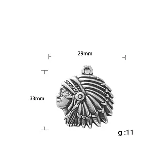 Retro stainless steel Indian chief pendant with 29mm width and 33mm height details