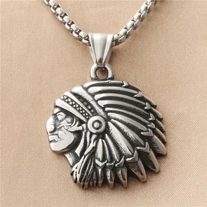 Vintage Stainless Steel Indian Chief Portrait Pendant Necklace For Men Retro Tribal Feather Headpiece Silver Jewelry