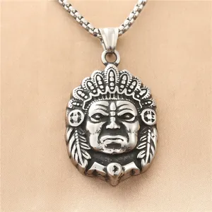Collar Con Colgante De Cabeza De Jefe Indio De Acero Inoxidable Vintage Para Hombre Joyería Étnica Retro Plateada Regalo