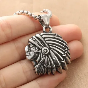 Vintage Indian Chief head pendant in titanium steel with detailed feather headdress