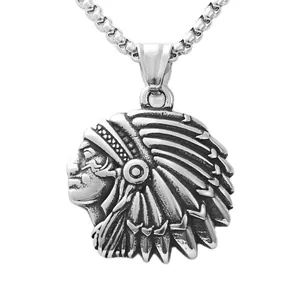 Retro stainless steel Indian chief head pendant necklace with vintage feather details