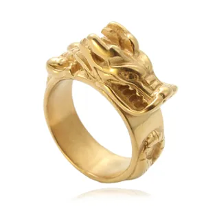 Vintage Punk Drakenkop Ring Voor Heren 316 Roestvrij Staal Verguld Dier Biker Sieraden Retro Drakenschubben Vingerring