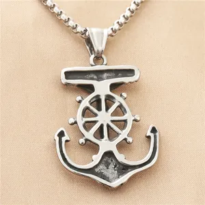 Retro stainless steel anchor and helm pendant necklace with polished vintage finish