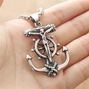 Retro stainless steel nautical pendant with anchor, wheel, and cross on a chain