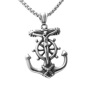 Retro stainless steel anchor pendant with ship wheel and religious figure in silver finish
