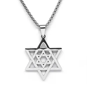Collier pour homme en acier inoxydable argenté poli avec pendentif étoile hexagonale