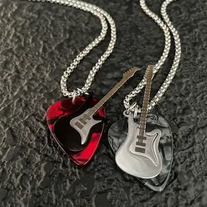 Punk Rock Guitar Pick Pendant Necklace Titanium Steel Hip Hop Jewelry For Men Women Electric Guitar Music Theme Box Chain Necklace