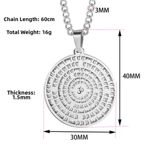 Vintage stainless steel yoga Om pendant necklace with engraved Sanskrit religious symbols