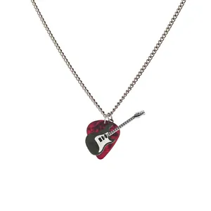 Punk rock guitar pick necklace with marble texture and electric guitar pendant accessory
