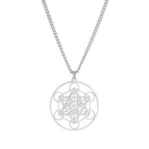 Collier avec pendentif cube de Métatron en acier inoxydable poli pour hommes et femmes