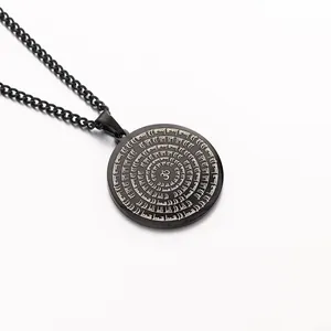 Retro stainless steel yoga om pendant necklace with engraved sanskrit symbols on black disc