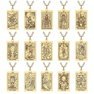 Collier Pendentif Carte de Tarot en Acier Inoxydable Vintage Arcanes Majeurs Le Fou Magicien Soleil Lune Bijoux Plaqué Or Argent Cadeau Hommes Femmes