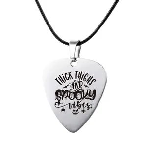 Pendentif médiator en acier inoxydable avec motifs de crâne et chauve-souris d'Halloween