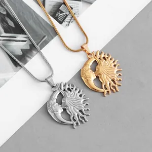 Collier Pendentif Soleil Et Lune Qui S'Embrassent En Acier Inoxydable Vintage Plaqué Or Argent Chaîne Serpent Bijoux Mythiques Femmes