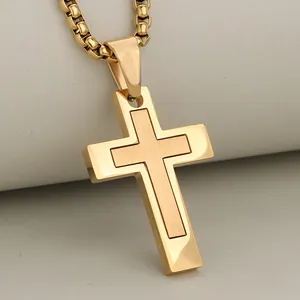 Hip Hop Stainless Steel Double Layer Cross Pendant Vintage Religious Christian Jewelry Gold Silver Black Men Pendant