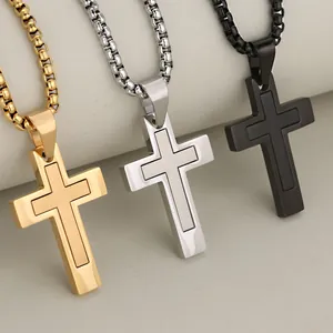 Three minimalist stainless steel cross necklaces in gold, silver, and black finishes
