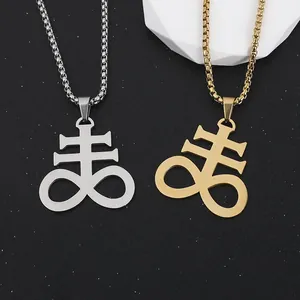 Collier Pendentif Croix de Léviathan en Acier Inoxydable Gothique Symbole Soufre Bijoux Occultes pour Hommes Femmes Or Argent