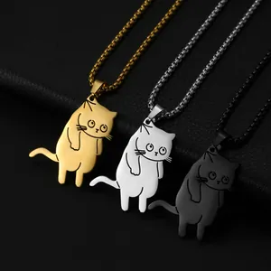 Roestvrij Staal Cartoon Kat Hanger Ketting Voor Vrouwen Mannen Gepersonaliseerde Ondeugende Kat Dier Sieraden Ronde Schakelketting