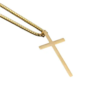 Collier pendentif croix en acier inoxydable doré poli avec chaîne à billes ronde