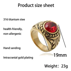Vintage titanium steel ring with round red gemstone and gold plating for men