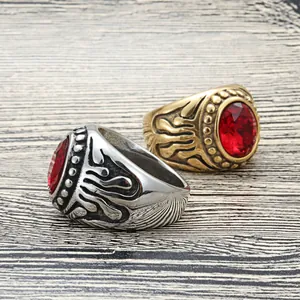 Retro punk titanium steel rings with oval red gemstone and flame relief patterns