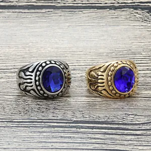 Vintage titanium steel rings with blue gemstone inlay in gold and silver finish
