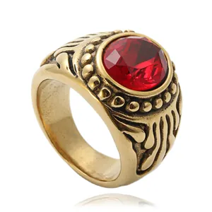 Vintage Punk 316 Titanium Steel Men Ring Large Oval Red Blue Synthetic Gemstone Relief Pattern Gothic Fashion Jewelry