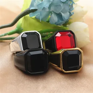 Anillo de sello vintage de acero inoxidable con piedras octogonales negras y rojas