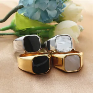 Anillos de sello cuadrados punk de acero de titanio con incrustaciones de nácar oro y plata