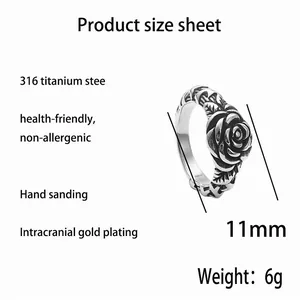 Vintage 316L titanium steel rose flower ring with retro punk style and 11mm floral design