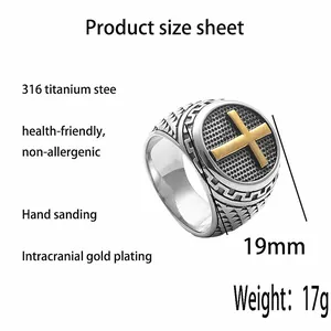 Detail showing 316 stainless steel vintage cross ring with hand-polished golden plating
