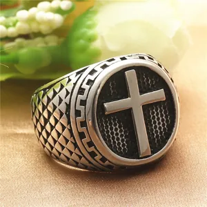 Retro titanium steel cross ring with punk lattice design and vintage oxidized finish