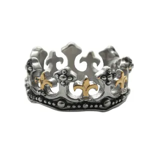 Vintage titanium steel crown ring with silver finish and gold fleur-de-lis accents