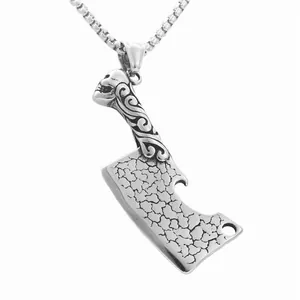 Pendentif couperet punk en acier inoxydable avec détail de crâne et chaîne box
