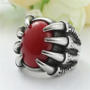 Vintage-Punk-Drachenkrallenring mit rotem Stein aus Edelstahl im Gothic-Stil für Herren