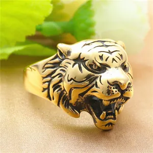 Vintage 316 Stainless Steel Roaring Tiger Head Ring For Men Punk Biker Animal Jewelry Retro Gold Silver Black Titanium Steel Finger Ring