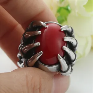 Vintage Punk Drachenkralle Ring mit großem rotem Stein aus Edelstahl für Herren